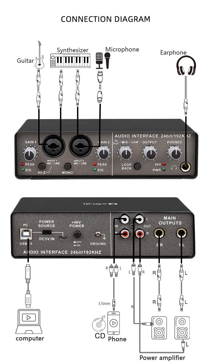 Q24 External USB Sound Card Audio Interface 24Bit/192KHz for